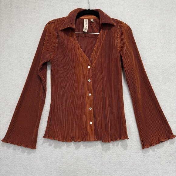 Dolan Shirt Womens XXS Brown Pleated Button Up Collared Long Sleeve Stretch Top - Picture 1 of 8